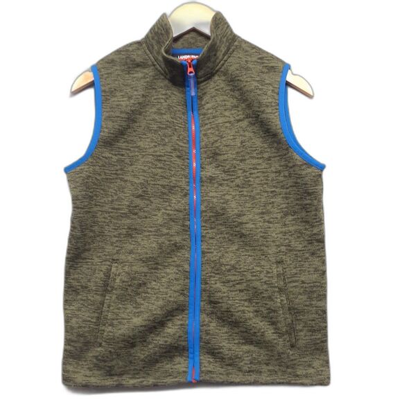Lands End Youth L 14-16 Zip Front Fleece Vest Green Blue Trim Side Pockets - Picture 1 of 8